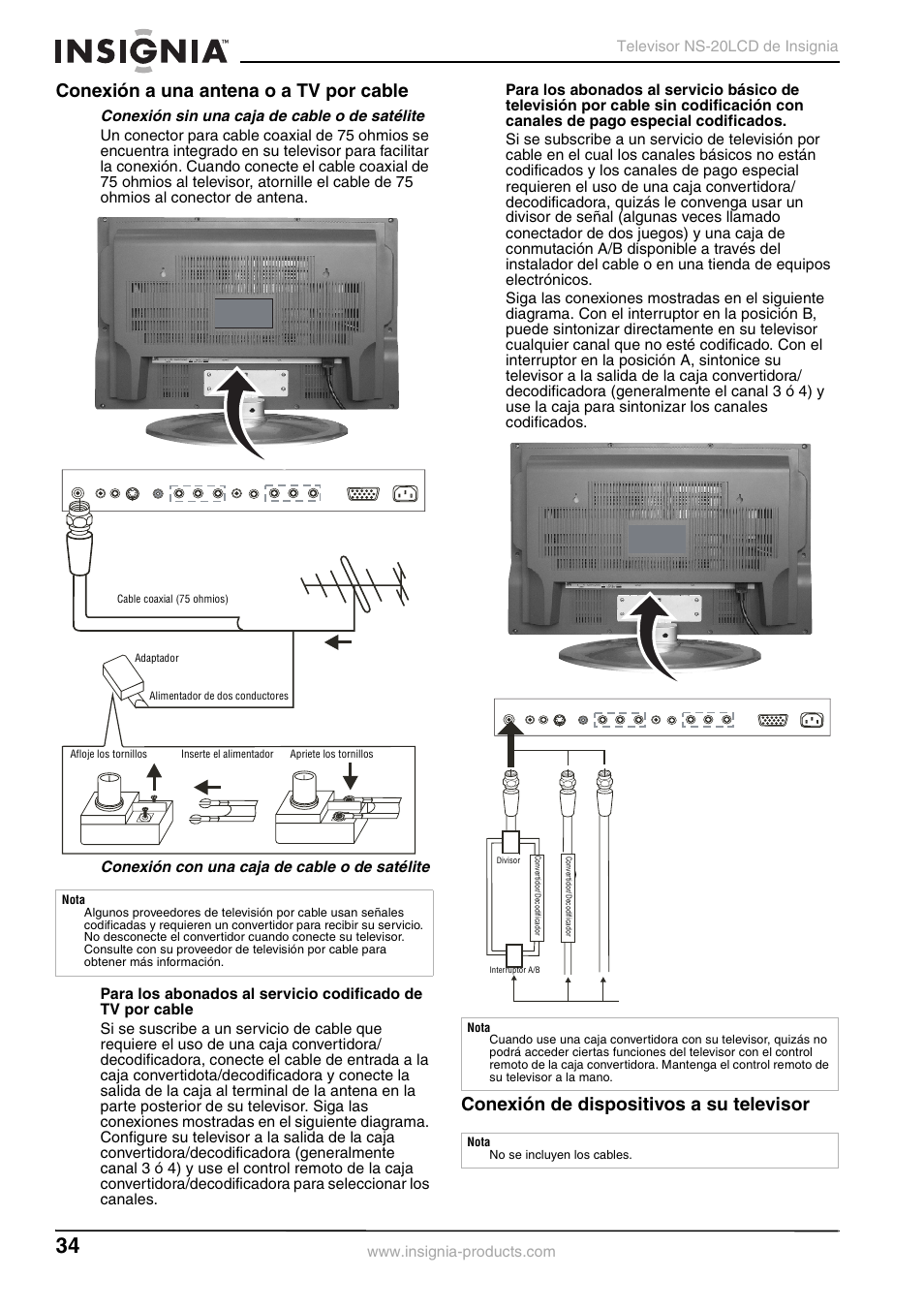 Conexión a una antena o a tv por cable, Conexión de dispositivos a su televisor, Conexión sin una caja de cable o de satélite | Conexión con una caja de cable o de satélite | Insignia NS-20LCD User Manual | Page 36 / 48