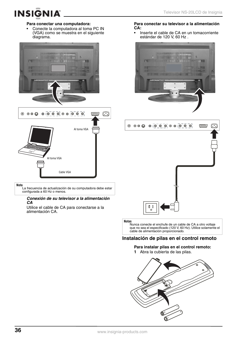 Instalación de pilas en el control remoto | Insignia NS-20LCD User Manual | Page 38 / 48