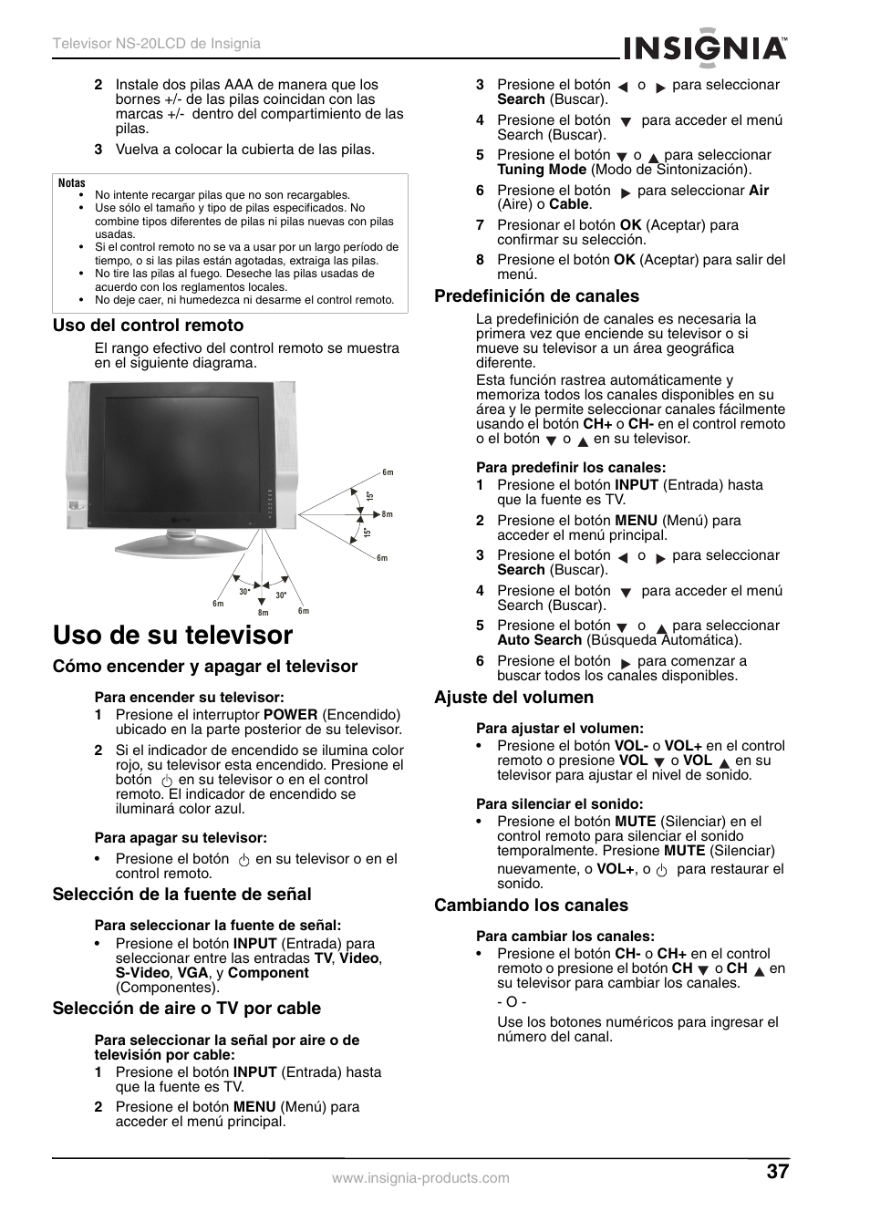 Uso de su televisor, Uso del control remoto, Cómo encender y apagar el televisor | Selección de la fuente de señal, Selección de aire o tv por cable, Predefinición de canales, Ajuste del volumen, Cambiando los canales | Insignia NS-20LCD User Manual | Page 39 / 48