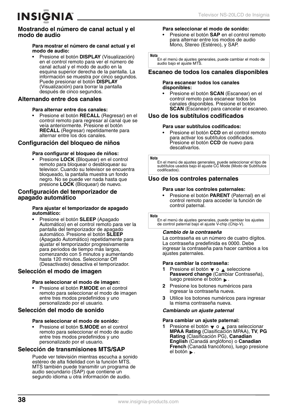 Alternando entre dos canales, Configuración del bloqueo de niños, Selección el modo de imagen | Selección del modo de sonido, Selección de transmisiones mts/sap, Escaneo de todos los canales disponibles, Uso de los subtítulos codificados, Uso de los controles paternales | Insignia NS-20LCD User Manual | Page 40 / 48