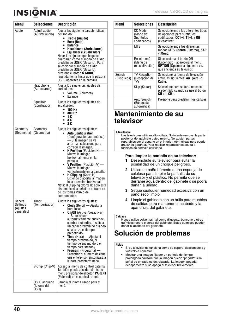 Mantenimiento de su televisor, Solución de problemas | Insignia NS-20LCD User Manual | Page 42 / 48