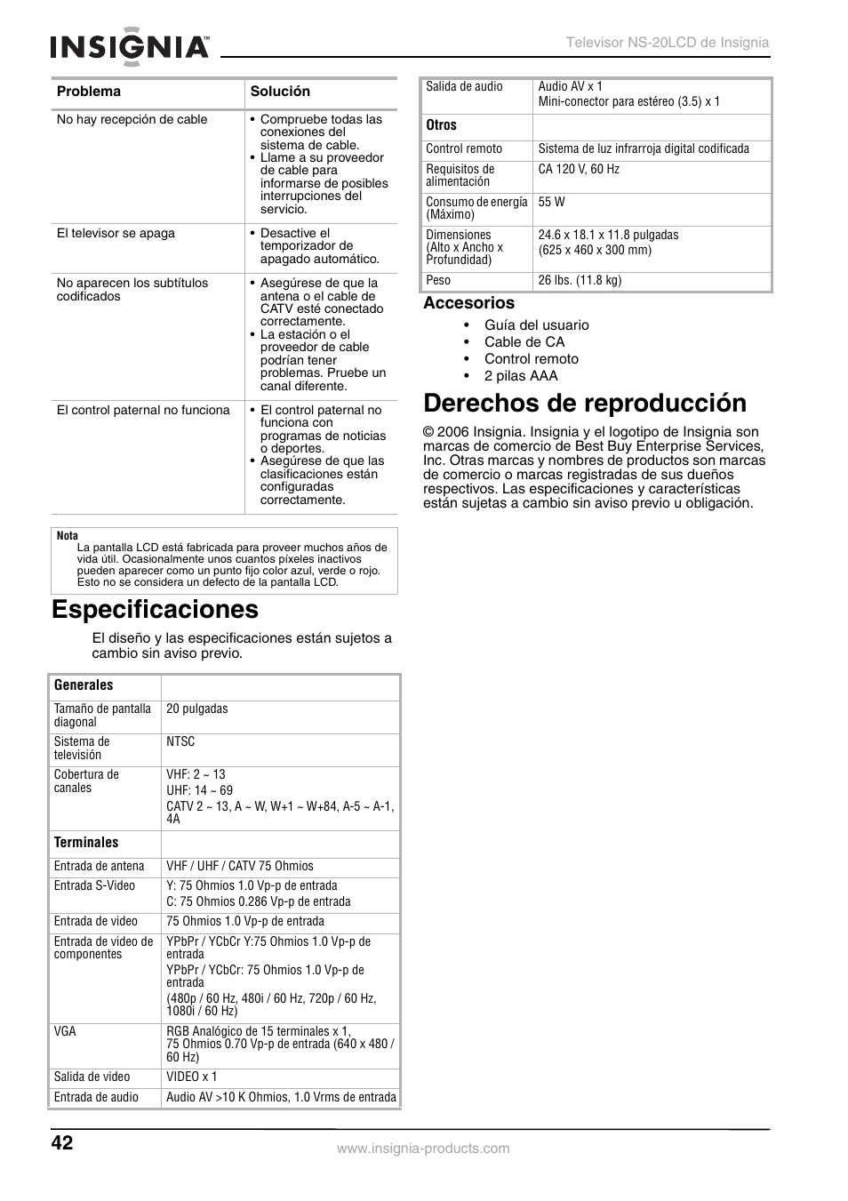 Especificaciones, Derechos de reproducción, Accesorios | Insignia NS-20LCD User Manual | Page 44 / 48