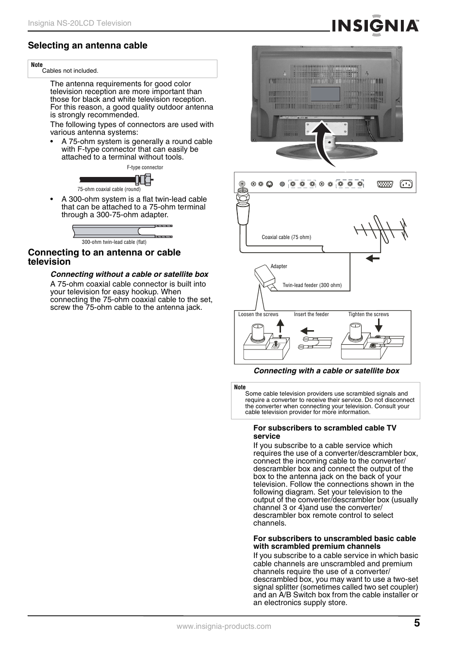 Selecting an antenna cable, Connecting to an antenna or cable television | Insignia NS-20LCD User Manual | Page 7 / 48