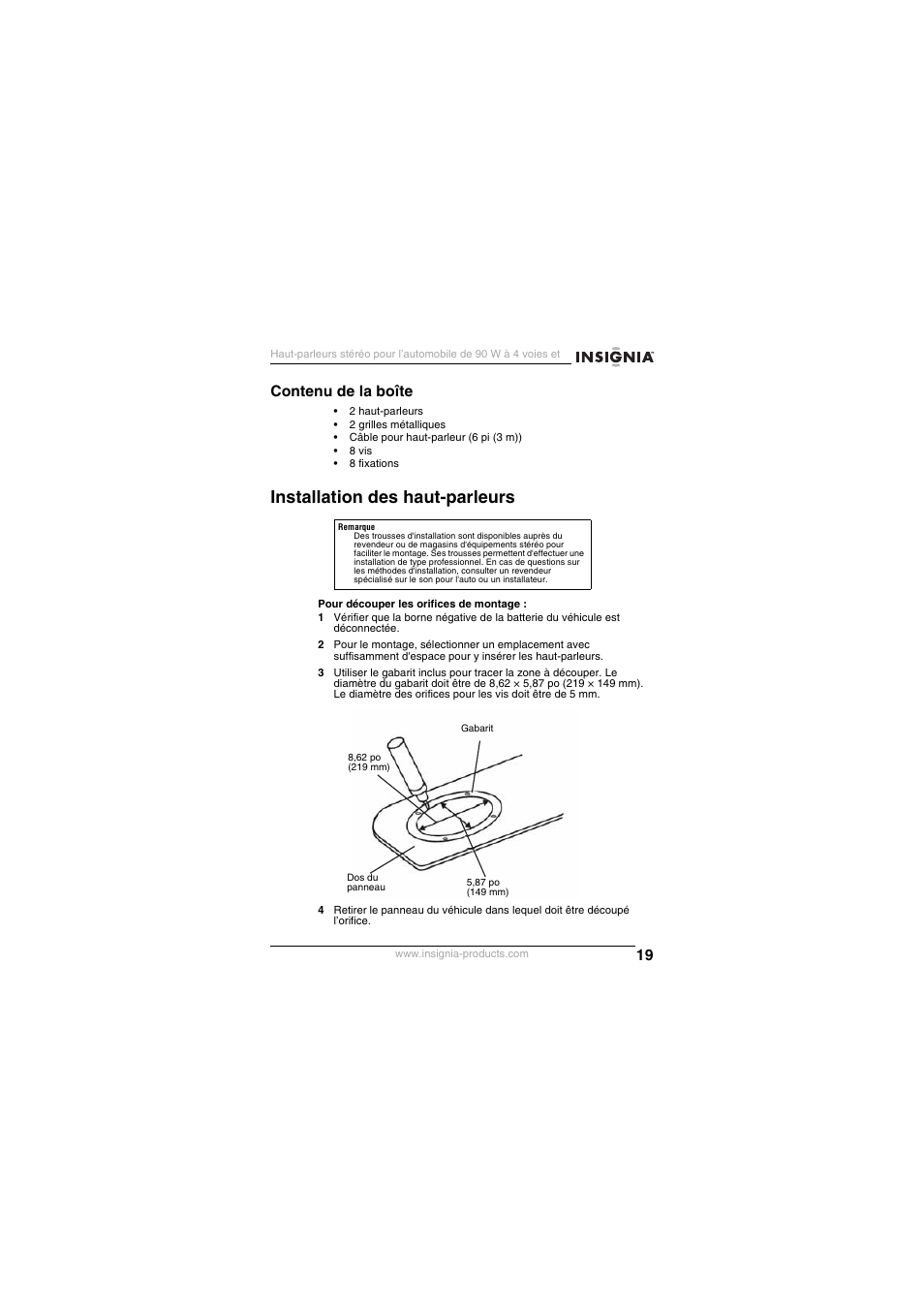 Installation des haut-parleurs, Contenu de la boîte | Insignia NS-S6900 User Manual | Page 19 / 40