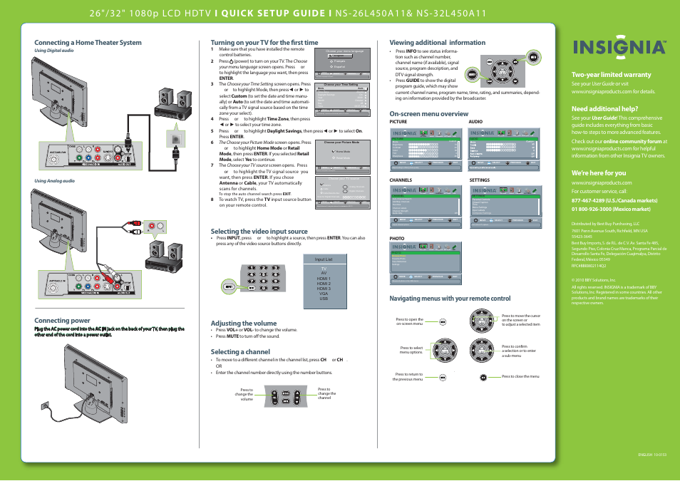 Ok enter menu exit, Picture audio channels settings usb, Reduces total power consumption | Insignia NS-26L450A11 User Manual | Page 2 / 2