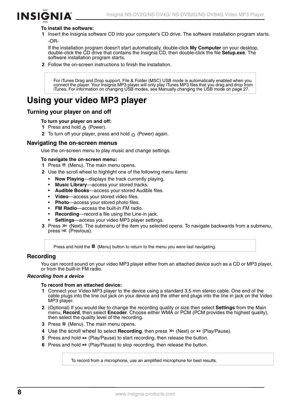 Using your video mp3 player, Turning your player on and off, Navigating the on-screen menus | Recording | Insignia NS-DVB2G/DVB4G User Manual | Page 10 / 72