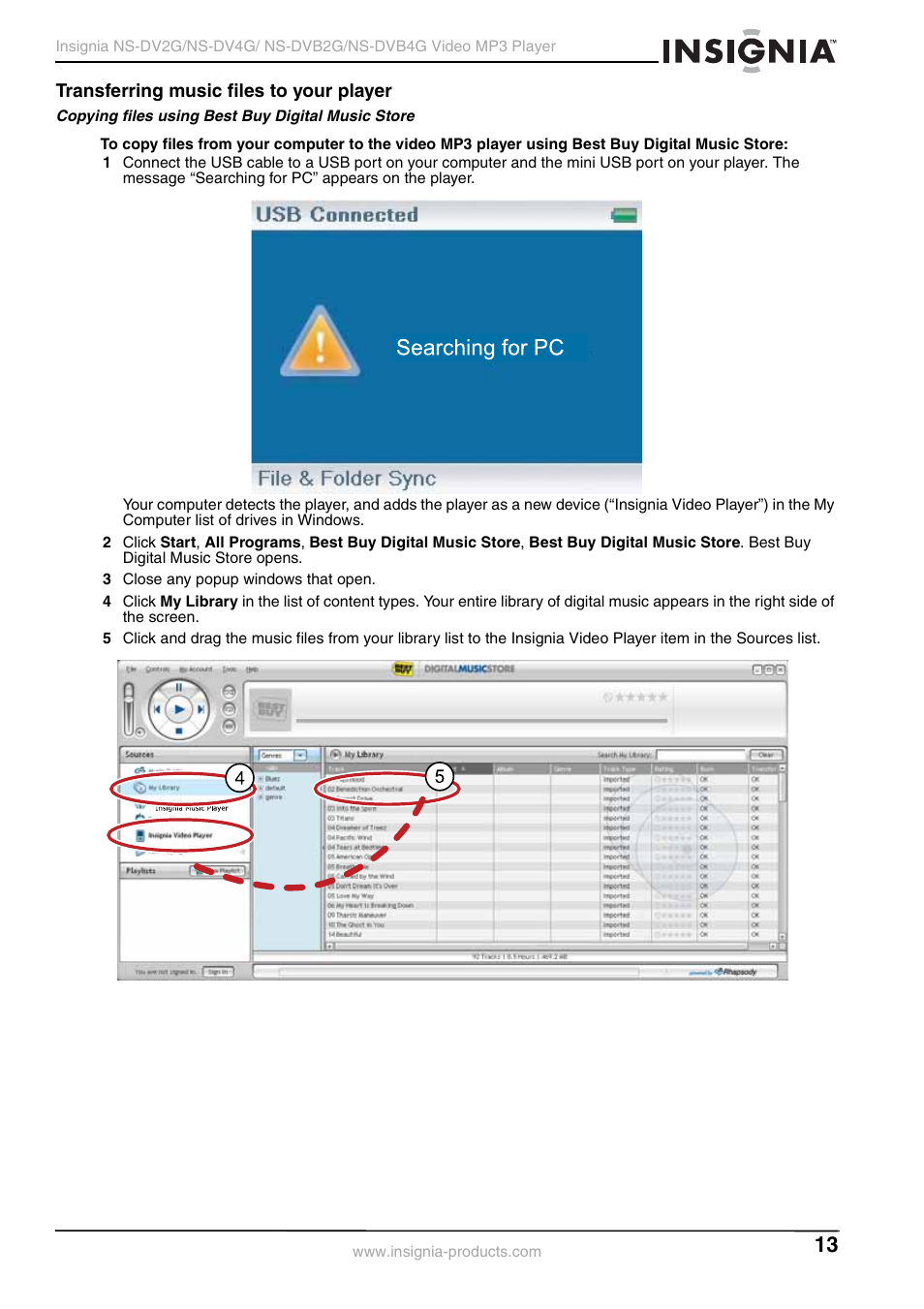 Transferring music files to your player | Insignia NS-DVB2G/DVB4G User Manual | Page 15 / 72