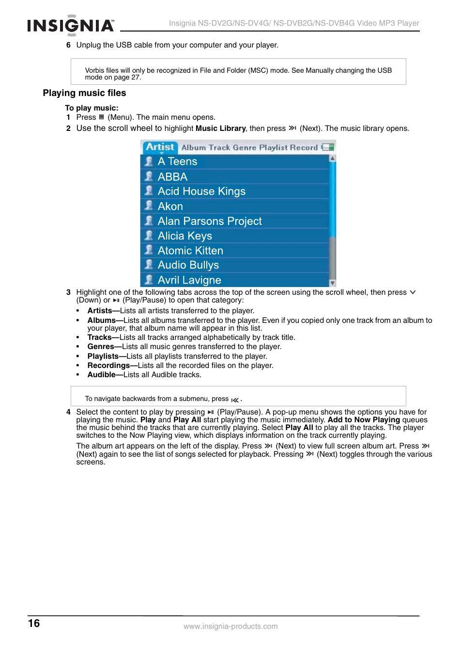 Playing music files | Insignia NS-DVB2G/DVB4G User Manual | Page 18 / 72