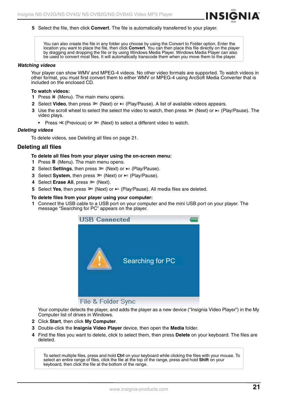 Deleting all files | Insignia NS-DVB2G/DVB4G User Manual | Page 23 / 72