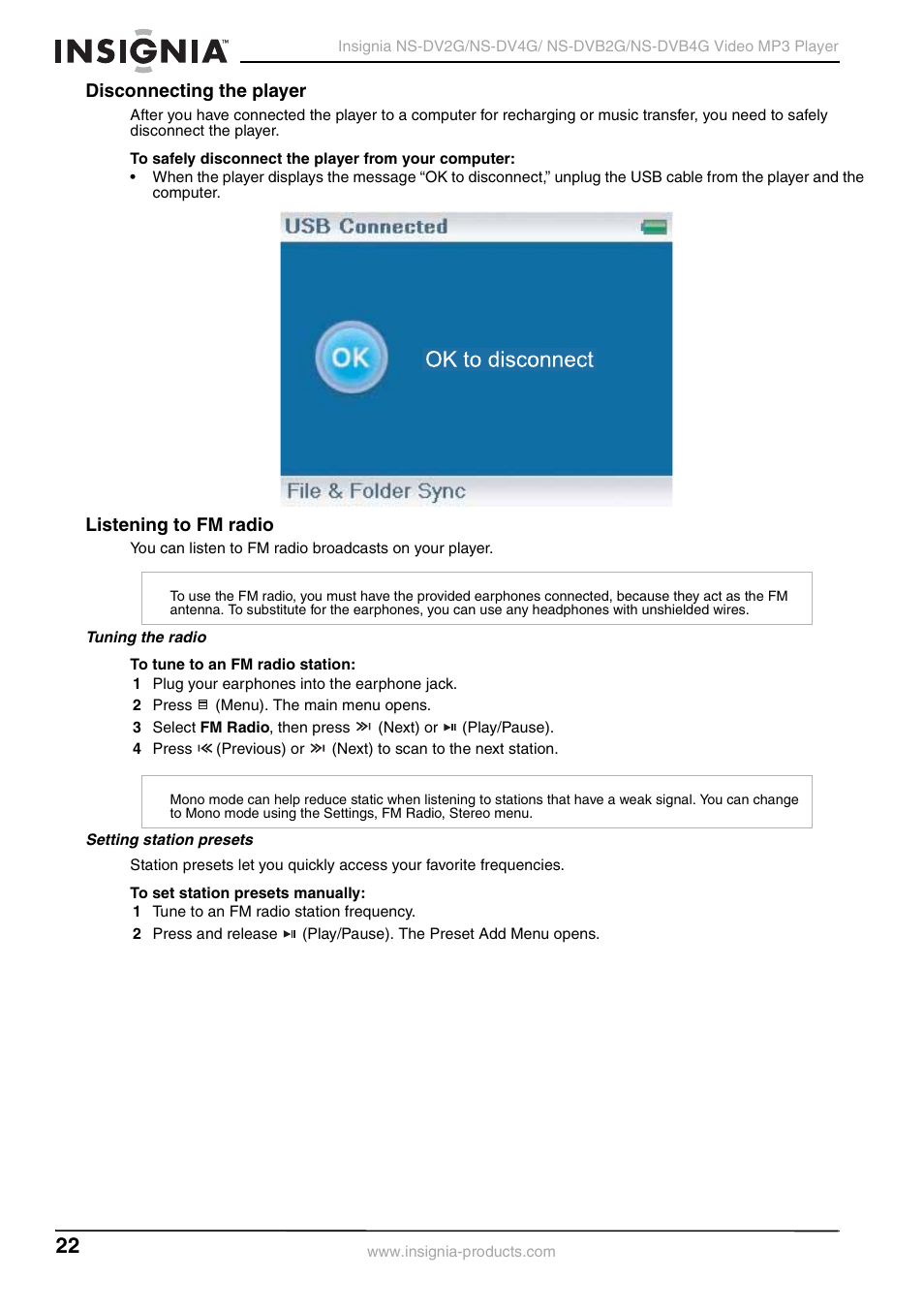 Disconnecting the player, Listening to fm radio, Disconnecting the player listening to fm radio | Insignia NS-DVB2G/DVB4G User Manual | Page 24 / 72