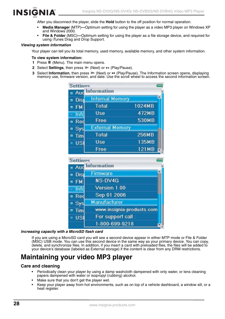 Maintaining your video mp3 player, Care and cleaning | Insignia NS-DVB2G/DVB4G User Manual | Page 30 / 72