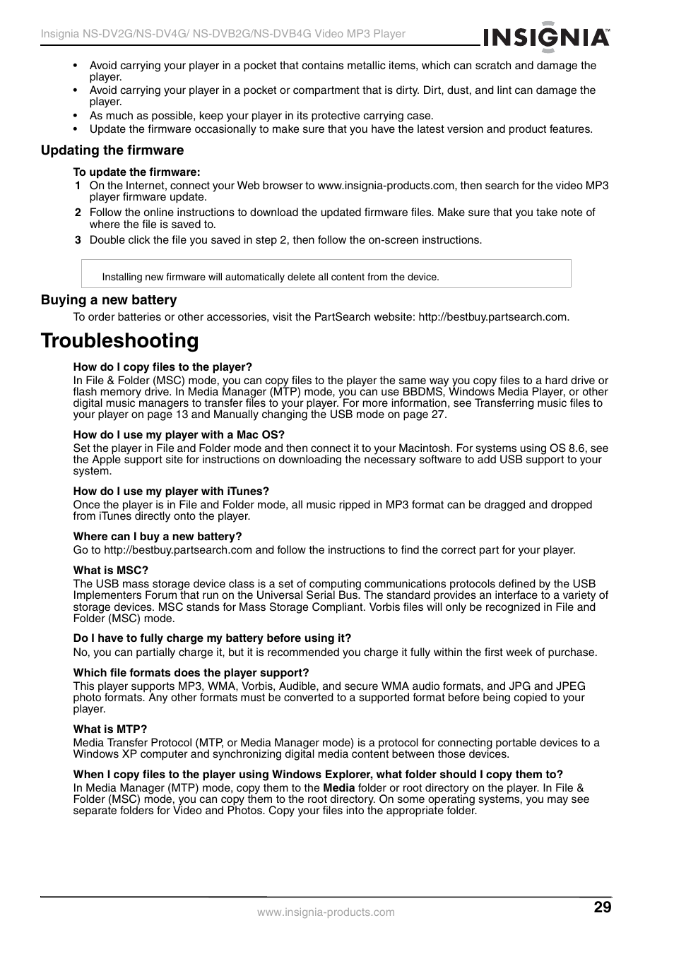 Updating the firmware, Buying a new battery, Troubleshooting | Updating the firmware buying a new battery | Insignia NS-DVB2G/DVB4G User Manual | Page 31 / 72