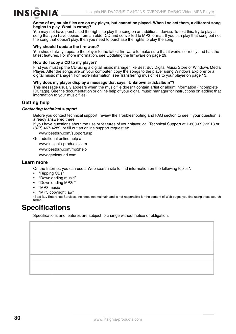 Getting help, Learn more, Specifications | Getting help learn more | Insignia NS-DVB2G/DVB4G User Manual | Page 32 / 72