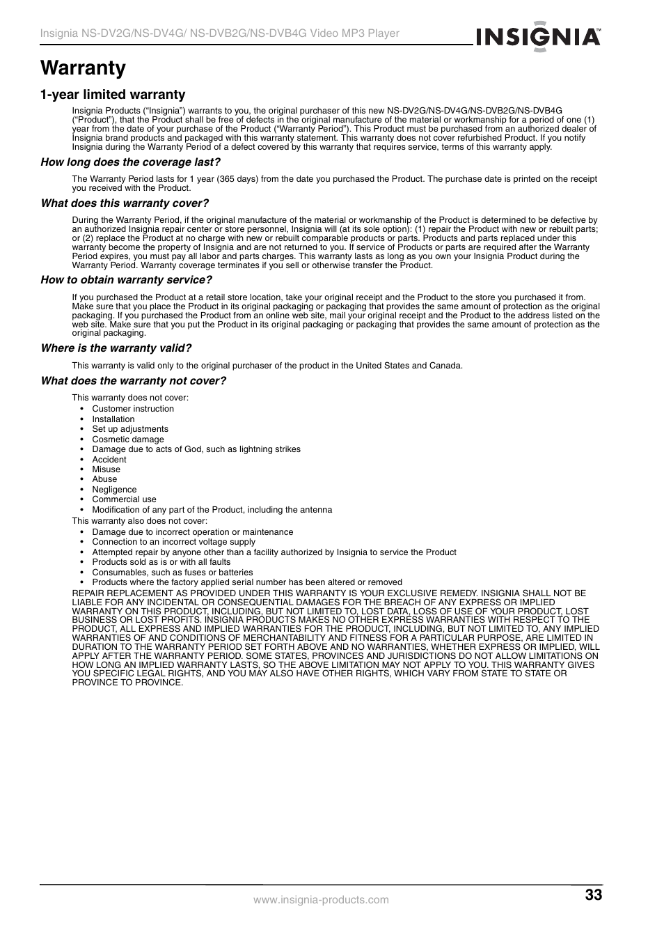 Year limited warranty, Warranty | Insignia NS-DVB2G/DVB4G User Manual | Page 35 / 72