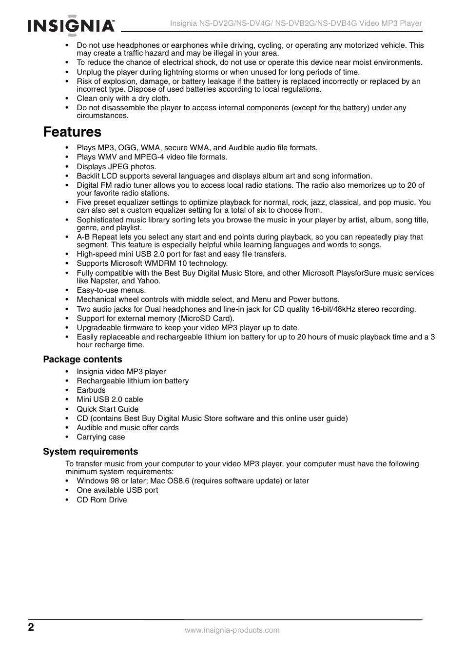 Features, Package contents, System requirements | Package contents system requirements | Insignia NS-DVB2G/DVB4G User Manual | Page 4 / 72
