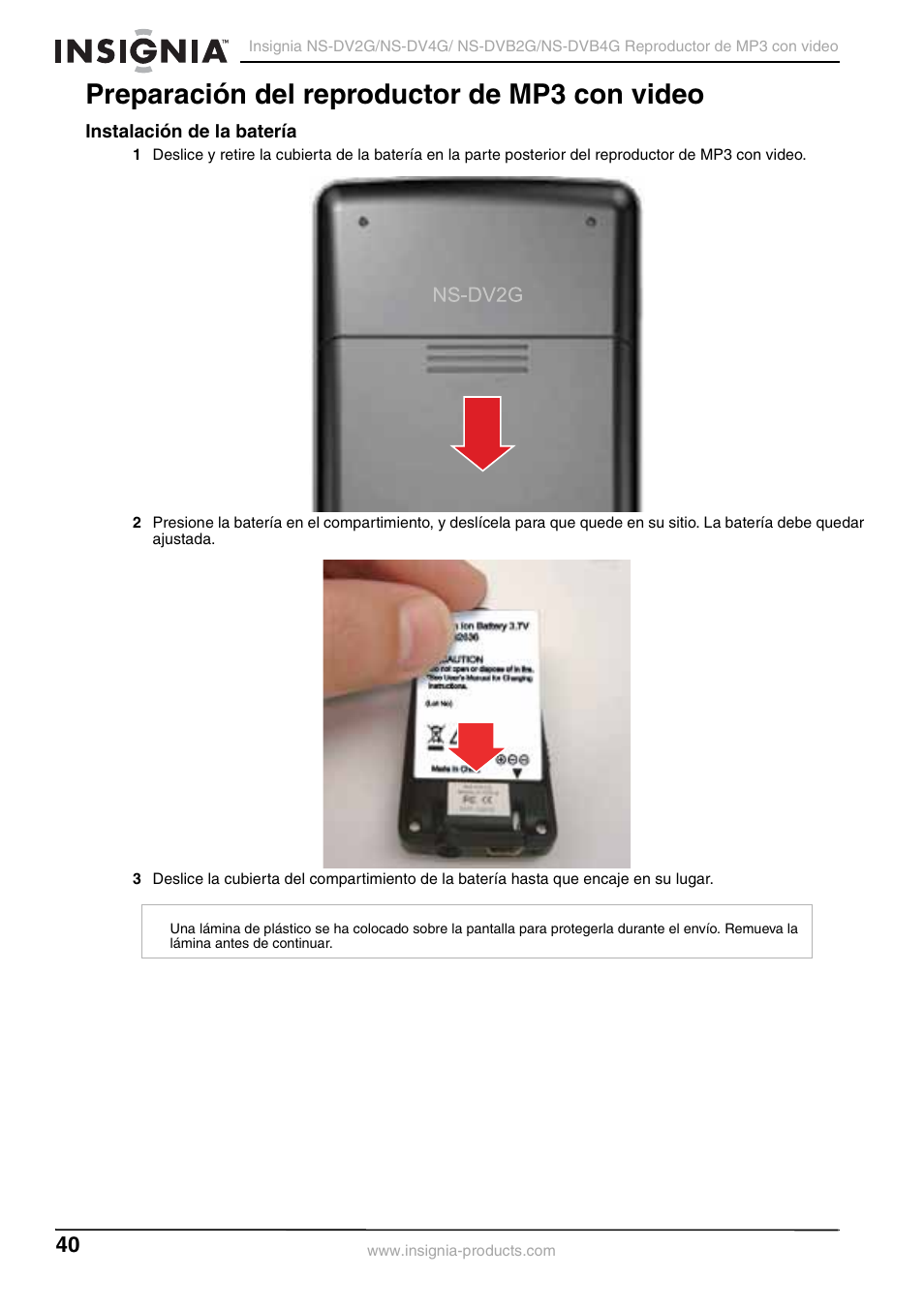 Preparación del reproductor de mp3 con video, Instalación de la batería | Insignia NS-DVB2G/DVB4G User Manual | Page 42 / 72