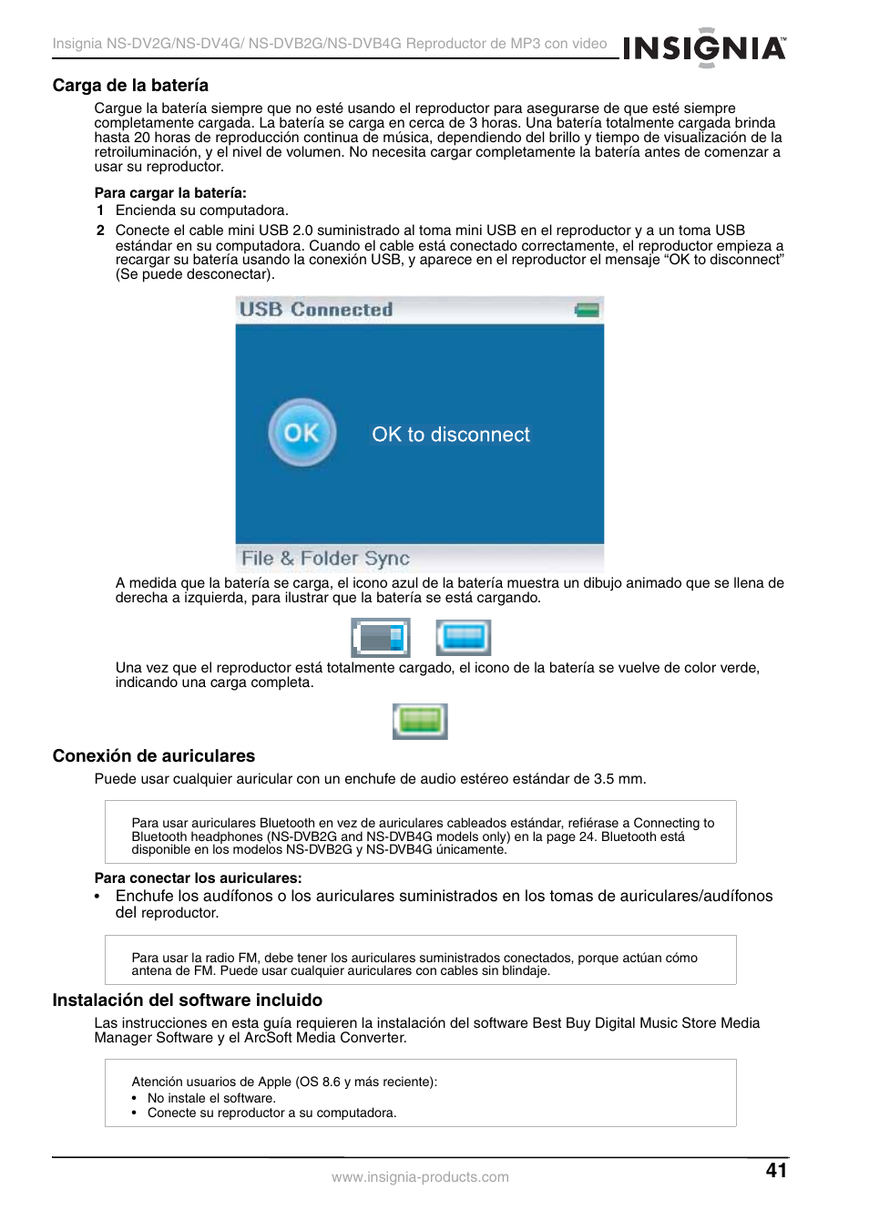 Carga de la batería, Conexión de auriculares, Instalación del software incluido | Insignia NS-DVB2G/DVB4G User Manual | Page 43 / 72
