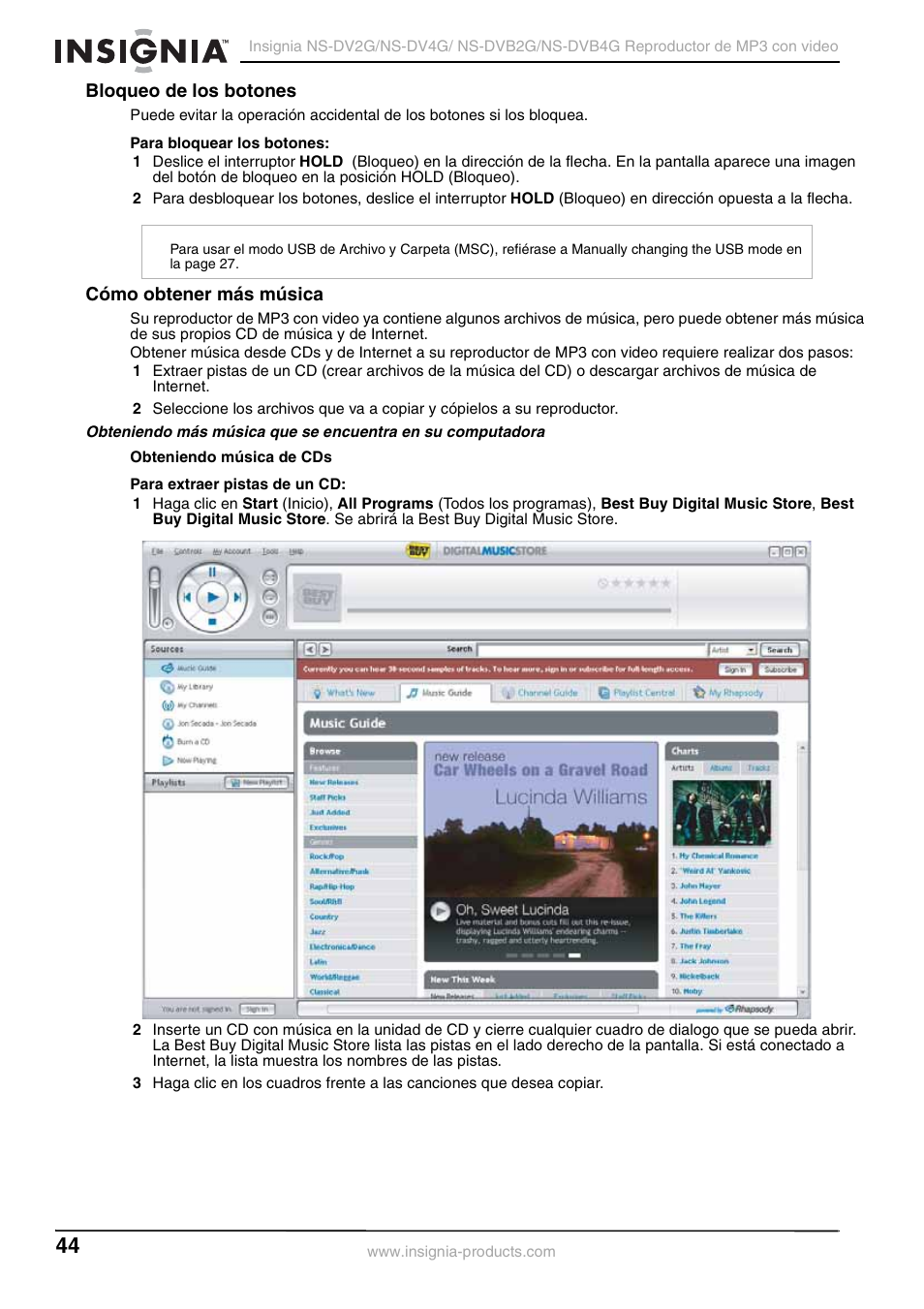 Bloqueo de los botones, Cómo obtener más música, Bloqueo de los botones cómo obtener más música | Insignia NS-DVB2G/DVB4G User Manual | Page 46 / 72