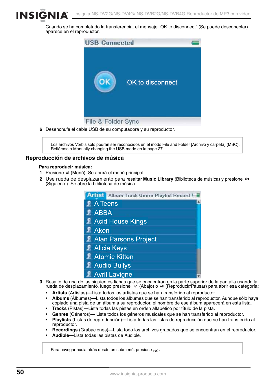 Reproducción de archivos de música | Insignia NS-DVB2G/DVB4G User Manual | Page 52 / 72