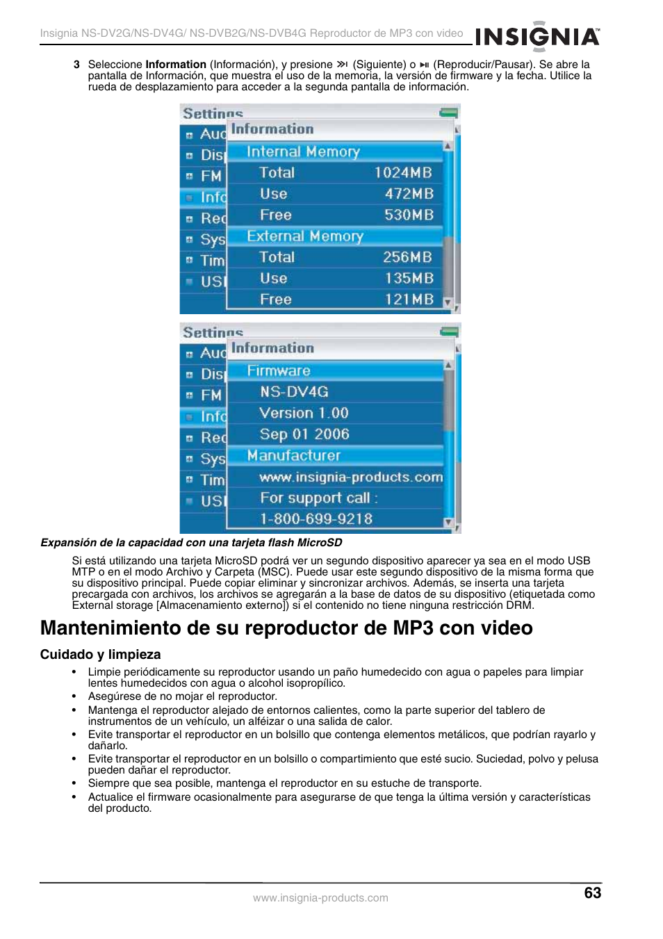 Mantenimiento de su reproductor de mp3 con video, Cuidado y limpieza | Insignia NS-DVB2G/DVB4G User Manual | Page 65 / 72