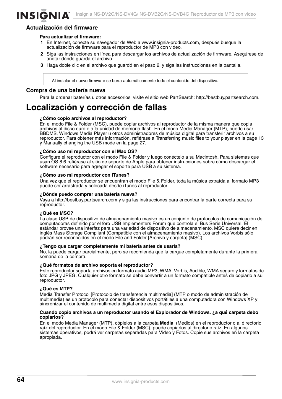 Actualización del firmware, Compra de una batería nueva, Localización y corrección de fallas | Insignia NS-DVB2G/DVB4G User Manual | Page 66 / 72
