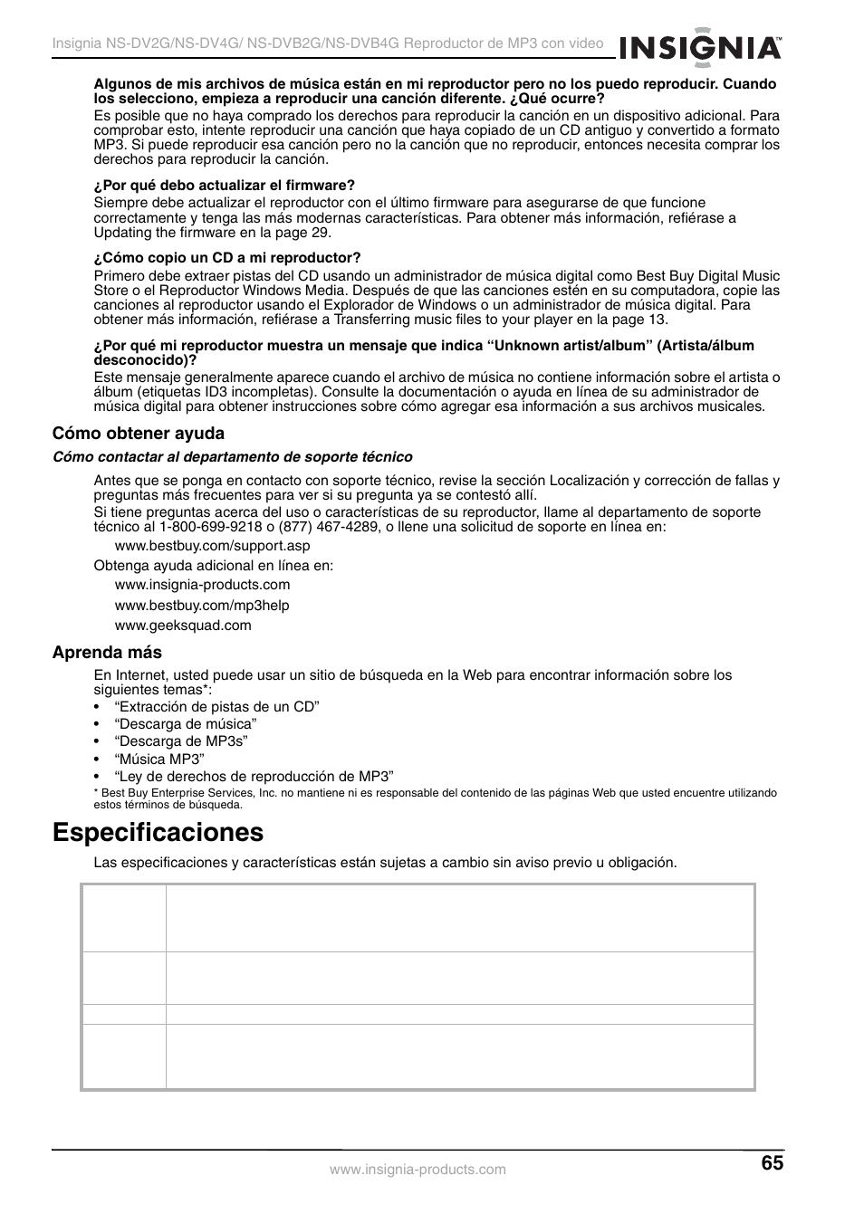 Cómo obtener ayuda, Aprenda más, Especificaciones | Cómo obtener ayuda aprenda más | Insignia NS-DVB2G/DVB4G User Manual | Page 67 / 72