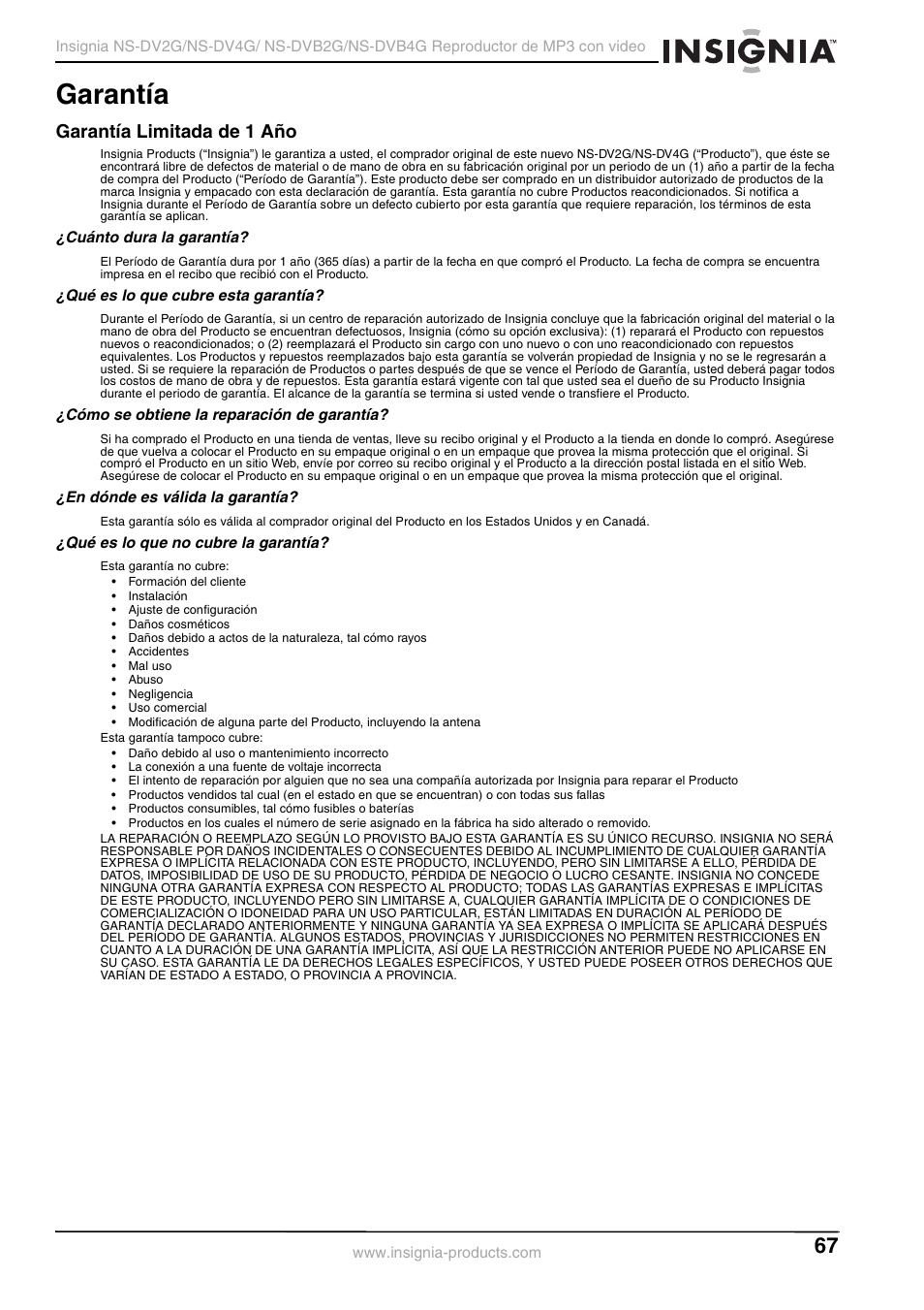 Garantía limitada de 1 aсo, Garantía, Garantía limitada de 1 año | Insignia NS-DVB2G/DVB4G User Manual | Page 69 / 72