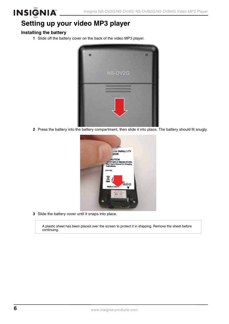 Setting up your video mp3 player, Installing the battery | Insignia NS-DVB2G/DVB4G User Manual | Page 8 / 72
