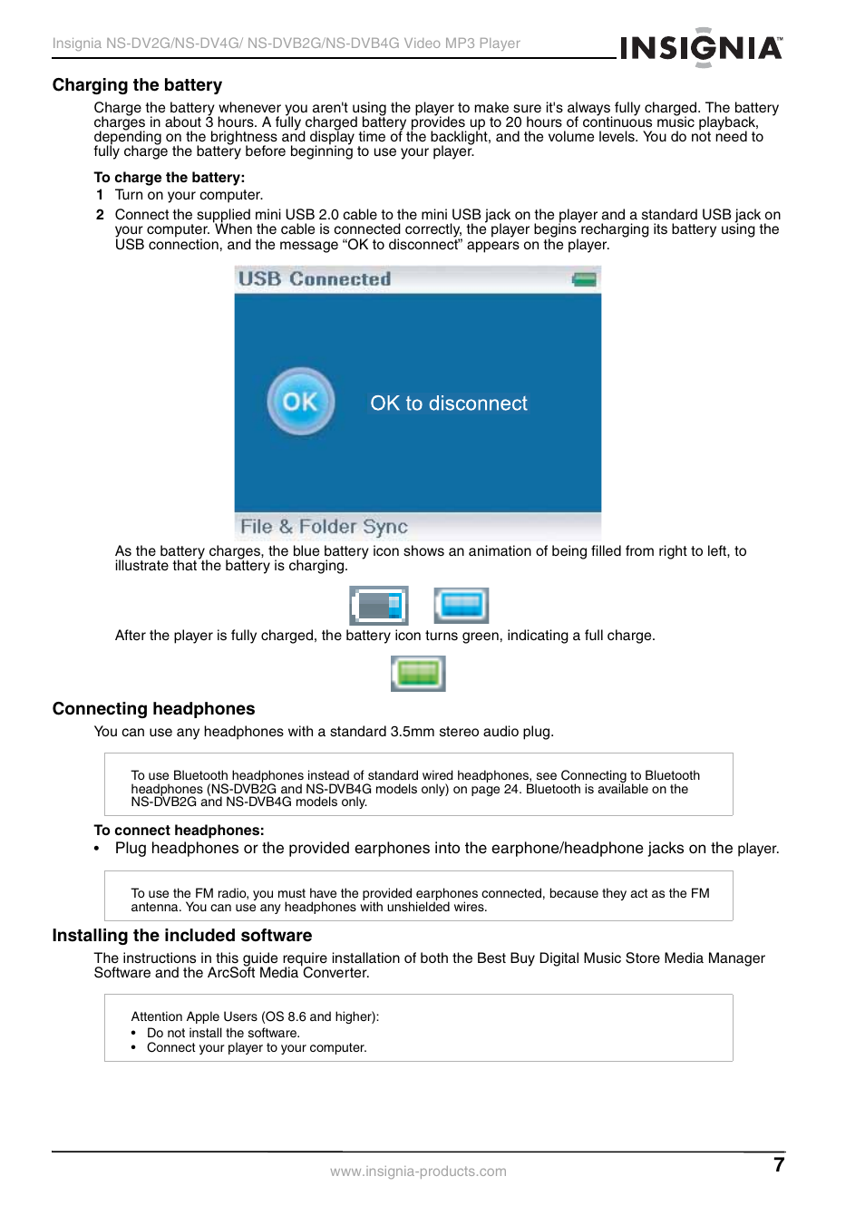 Charging the battery, Connecting headphones, Installing the included software | Insignia NS-DVB2G/DVB4G User Manual | Page 9 / 72