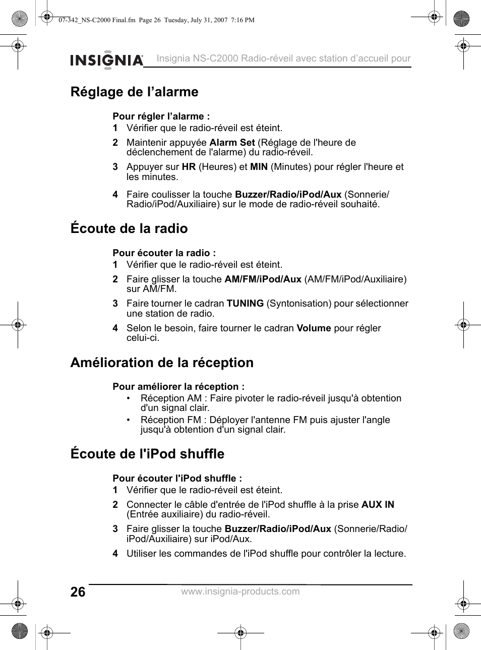 Réglage de l’alarme, 1 vérifier que le radio-réveil est éteint, Écoute de la radio | Amélioration de la réception, Écoute de l'ipod shuffle | Insignia NS-C2000 User Manual | Page 26 / 50
