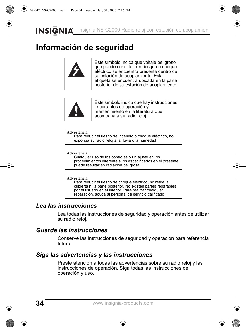 Información de seguridad, Lea las instrucciones, Guarde las instrucciones | Siga las advertencias y las instrucciones | Insignia NS-C2000 User Manual | Page 34 / 50