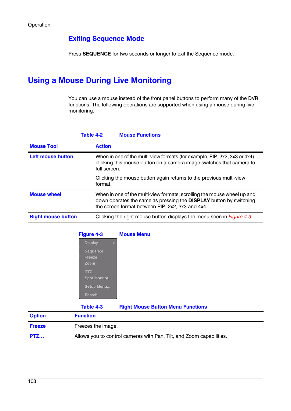 Using a mouse during live monitoring, Figure 4-3, Mouse menu | Table 4-2, Mouse functions, Table 4-3, Right mouse button menu functions, Exiting sequence mode | Insignia HRSD16 User Manual | Page 108 / 160
