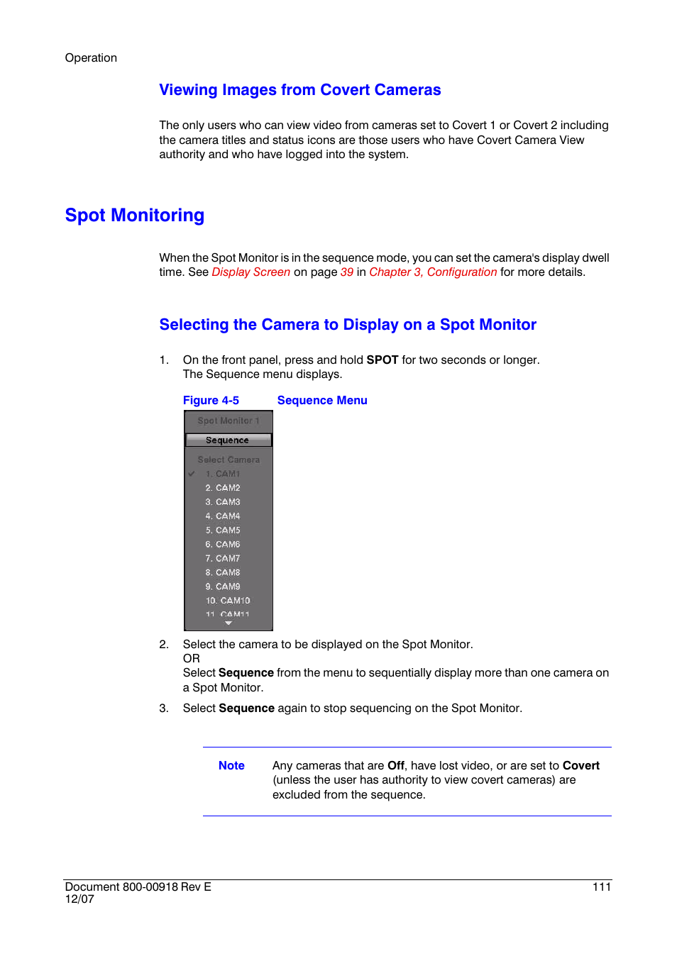Spot monitoring, Figure 4-5, Sequence menu | Viewing images from covert cameras, Selecting the camera to display on a spot monitor | Insignia HRSD16 User Manual | Page 111 / 160
