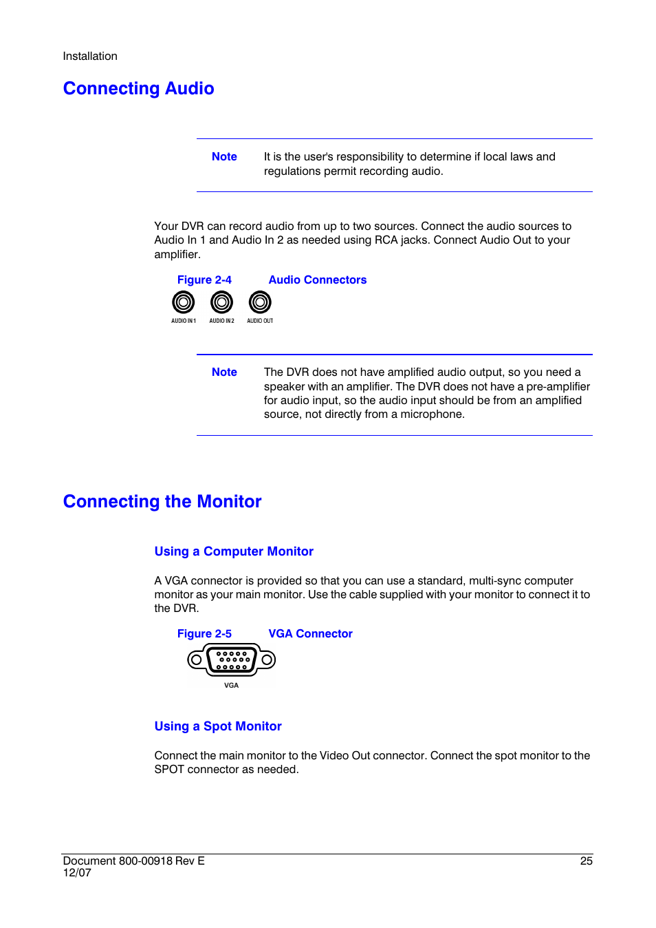 Connecting audio, Connecting the monitor, Connecting audio connecting the monitor | Figure 2-4, Audio connectors, Figure 2-5, Vga connector | Insignia HRSD16 User Manual | Page 25 / 160