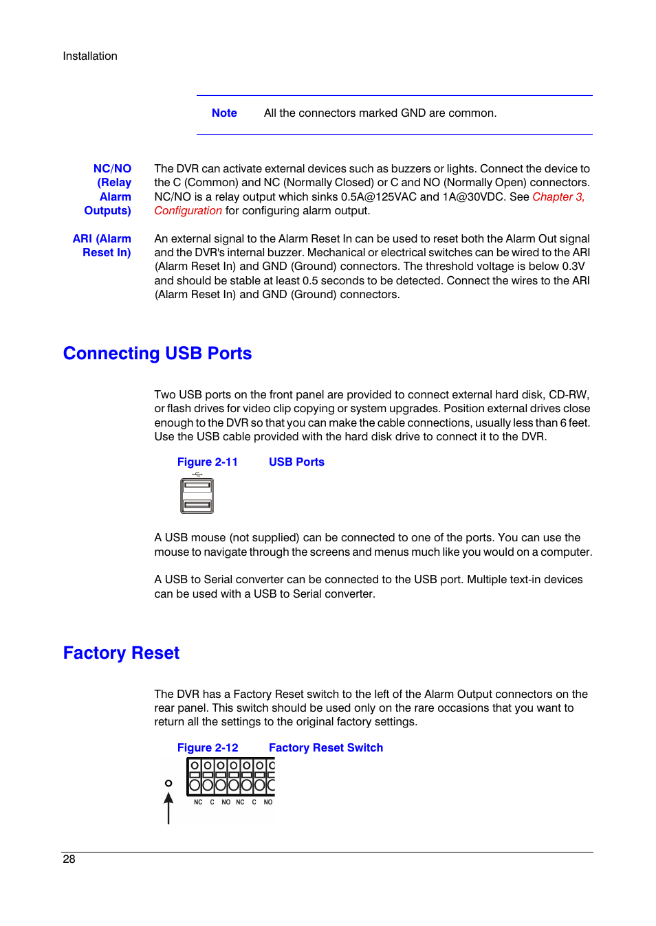 Connecting usb ports, Factory reset, Connecting usb ports factory reset | Figure 2-11, Usb ports, Figure 2-12, Factory reset switch | Insignia HRSD16 User Manual | Page 28 / 160