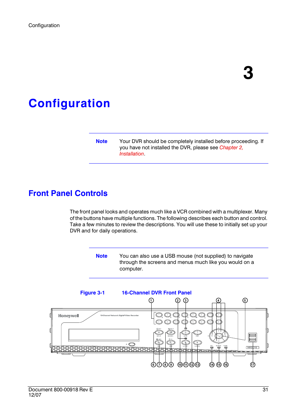 Configuration 3, Front panel controls, Configuration | Figure 3-1, Channel dvr front panel | Insignia HRSD16 User Manual | Page 31 / 160