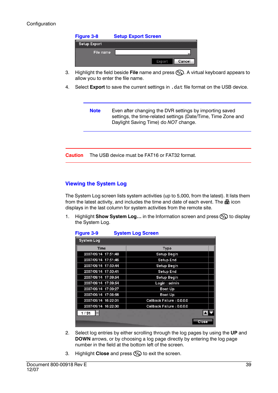 Figure 3-8, Setup export screen, Figure 3-9 | System log screen | Insignia HRSD16 User Manual | Page 39 / 160