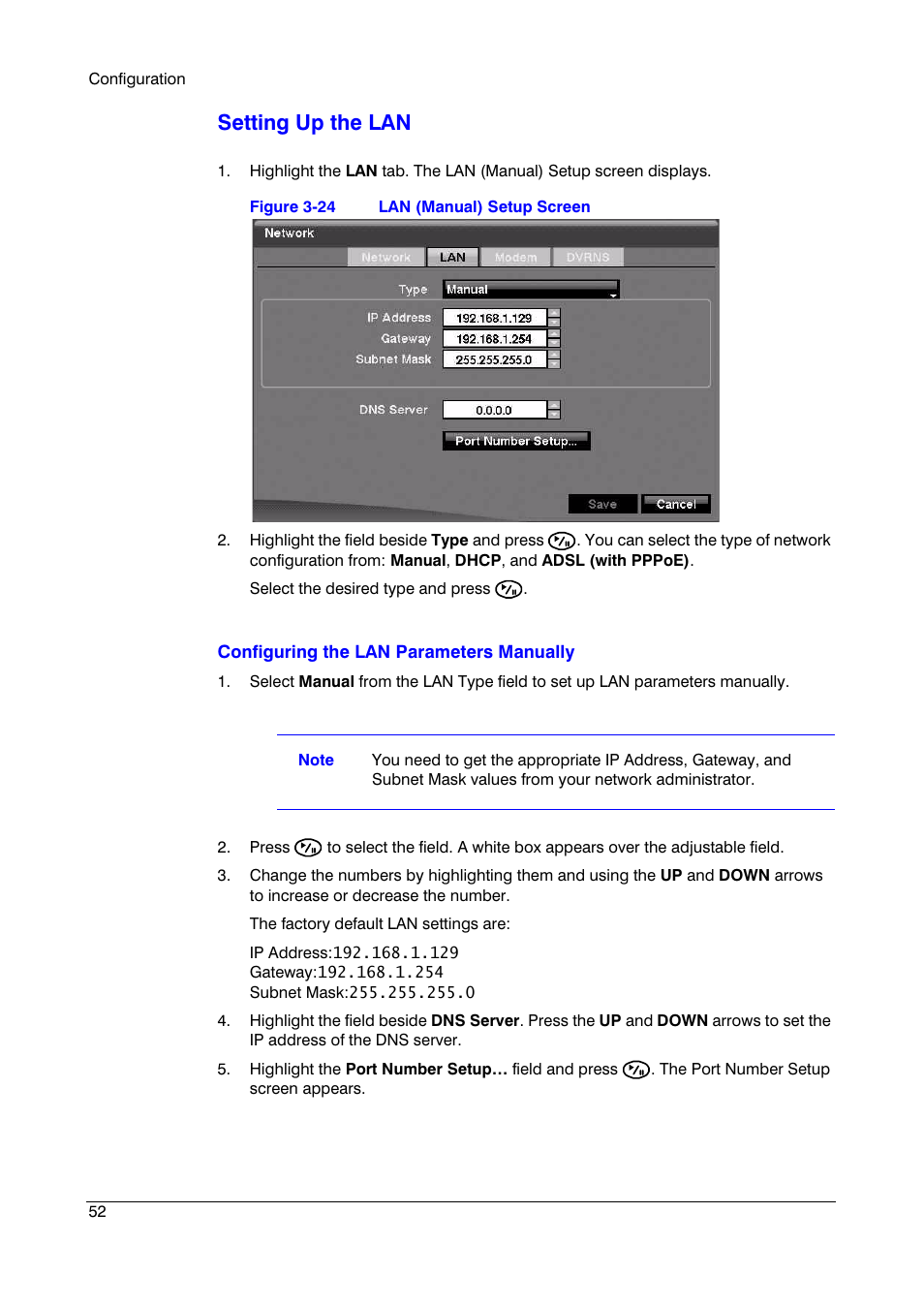 Figure 3-24, Lan (manual) setup screen, Setting up the lan | Insignia HRSD16 User Manual | Page 52 / 160