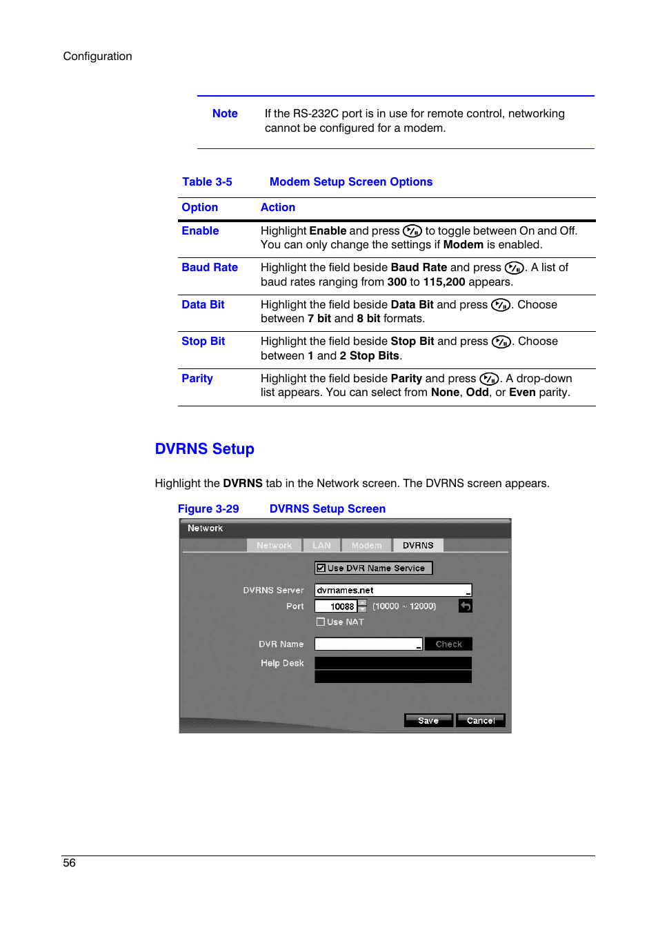 Figure 3-29, Dvrns setup screen, Table 3-5 | Modem setup screen options, Dvrns setup | Insignia HRSD16 User Manual | Page 56 / 160