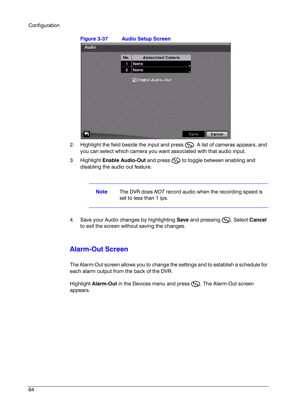 Figure 3-37, Audio setup screen, Alarm-out screen | Insignia HRSD16 User Manual | Page 64 / 160