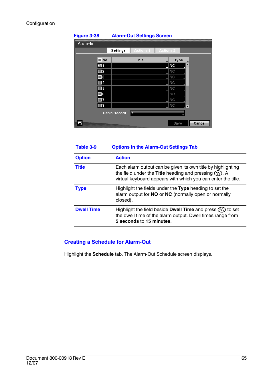 Figure 3-38, Alarm-out settings screen, Table 3-9 | Options in the alarm-out settings tab | Insignia HRSD16 User Manual | Page 65 / 160