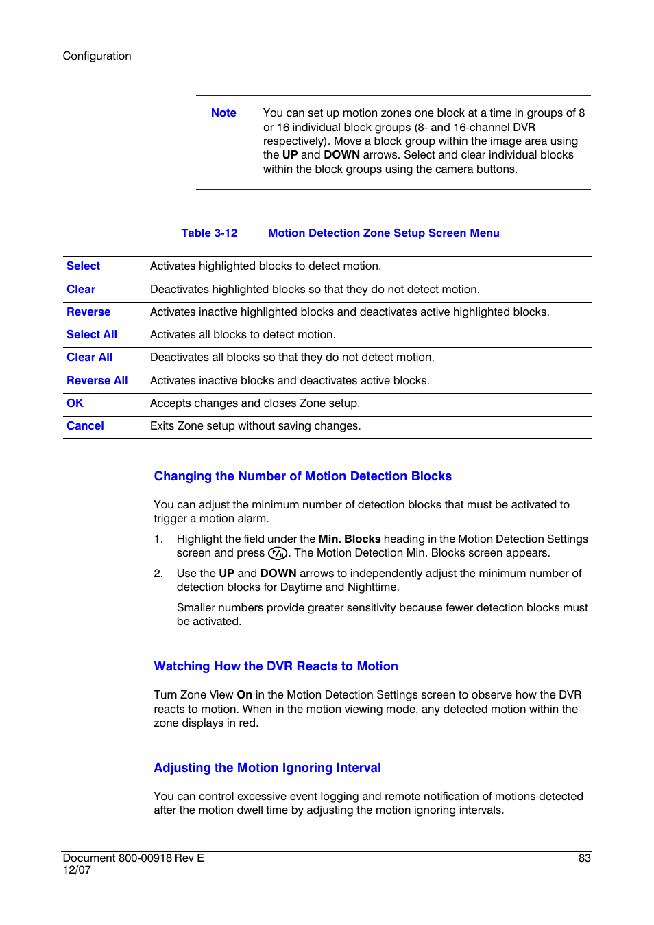 Table 3-12, Motion detection zone setup screen menu | Insignia HRSD16 User Manual | Page 83 / 160