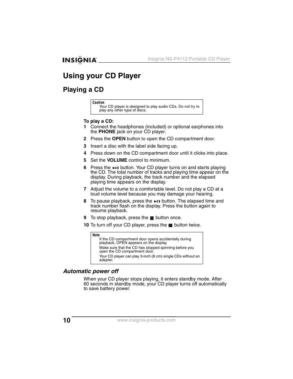 Using your cd player, Playing a cd, Automatic power off | Insignia NS-P4112 User Manual | Page 10 / 62