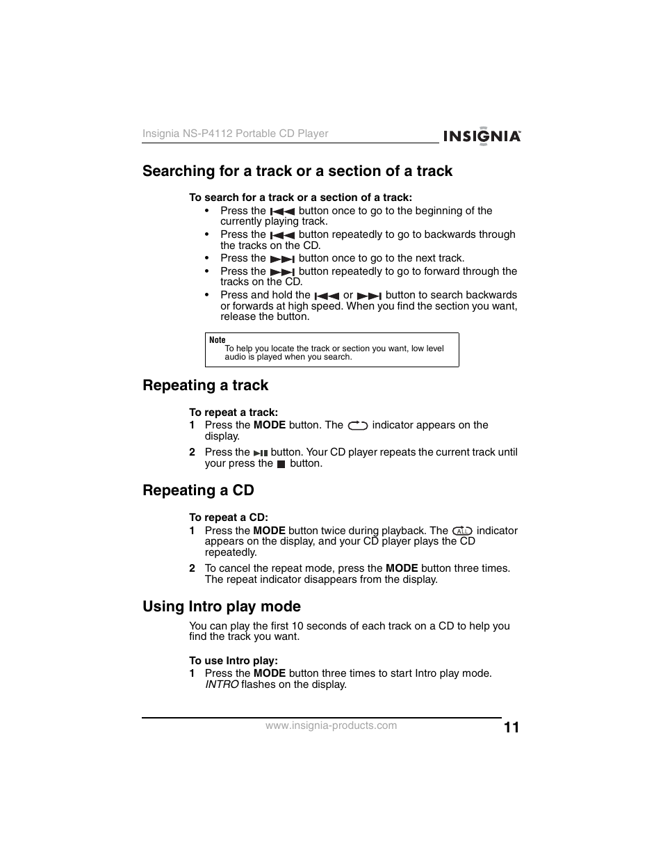 Repeating a track, Repeating a cd, Using intro play mode | Insignia NS-P4112 User Manual | Page 11 / 62