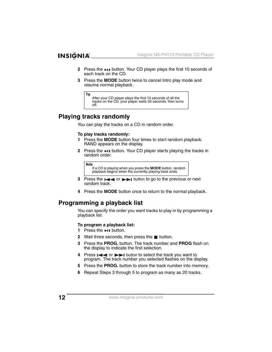 Playing tracks randomly, Programming a playback list | Insignia NS-P4112 User Manual | Page 12 / 62