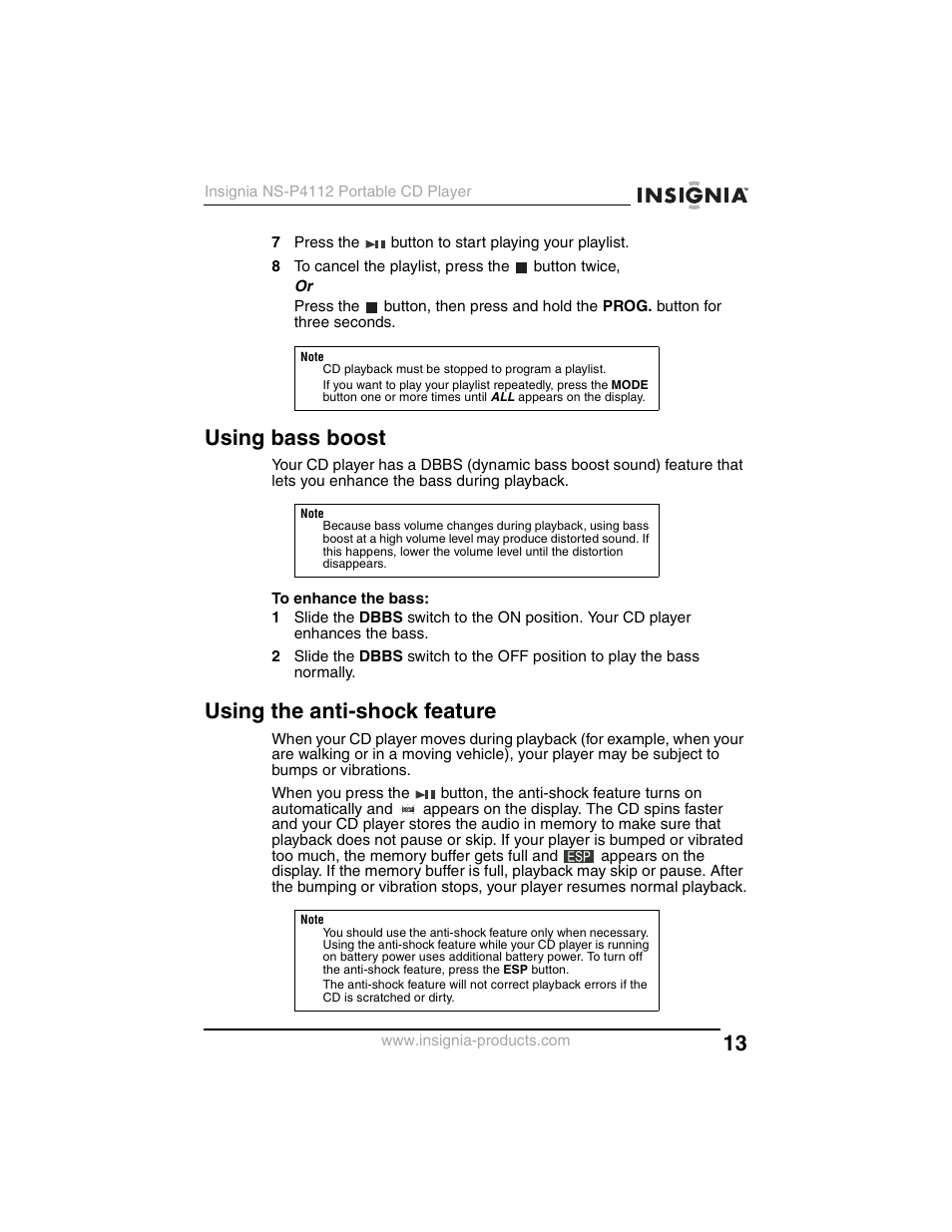 Using bass boost, Using the anti-shock feature | Insignia NS-P4112 User Manual | Page 13 / 62