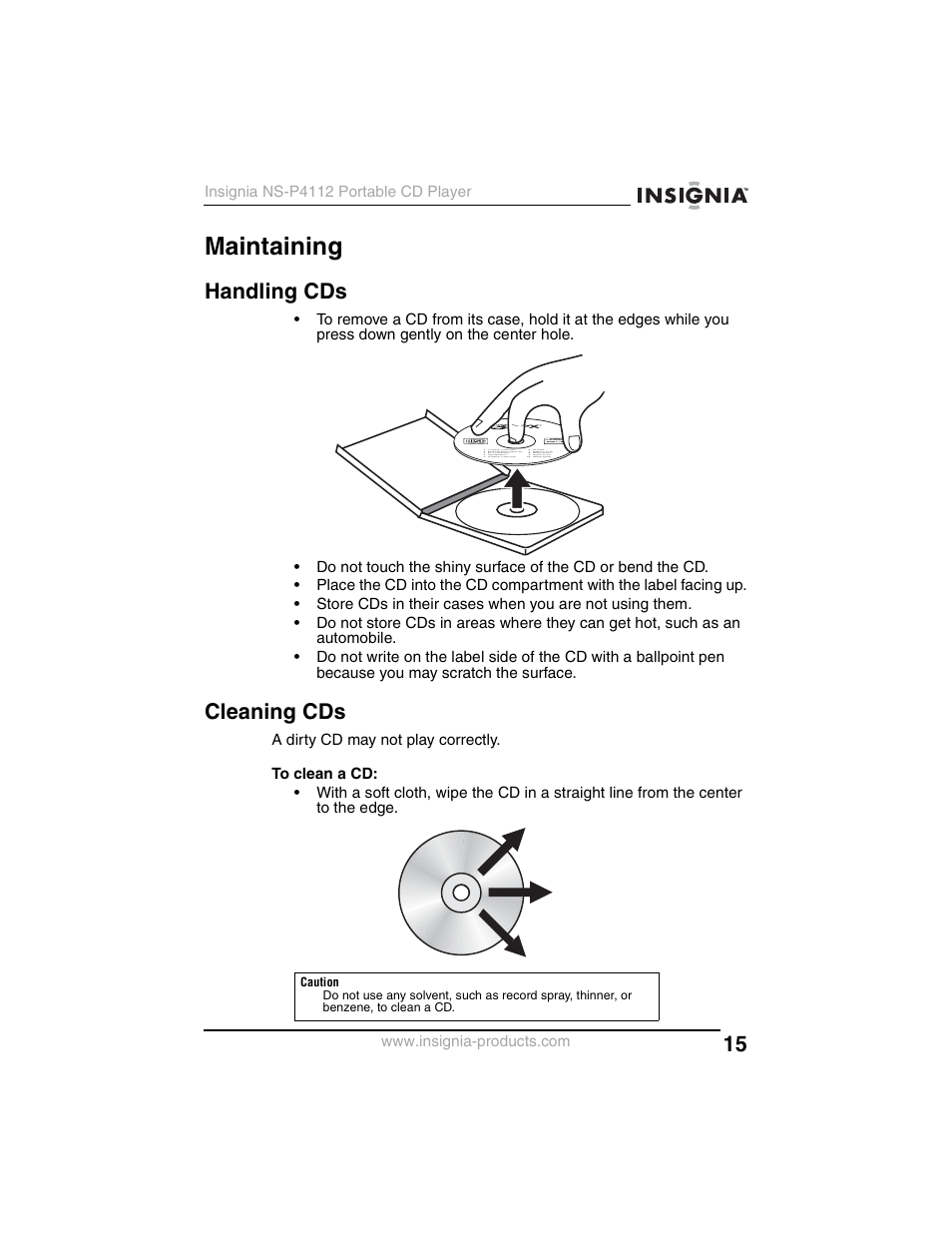 Maintaining, Handling cds, Cleaning cds | Insignia NS-P4112 User Manual | Page 15 / 62