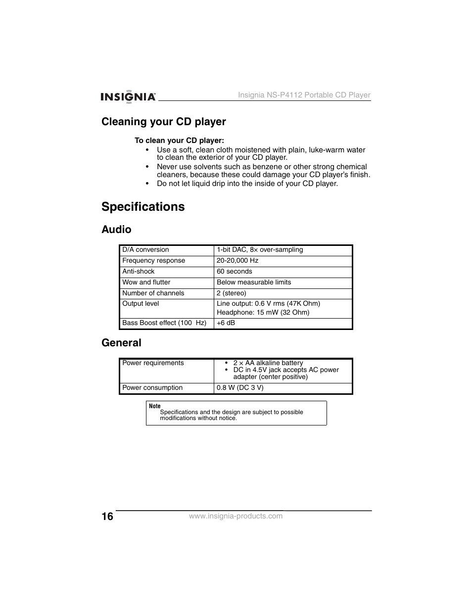 Specifications, Cleaning your cd player, Audio general | Insignia NS-P4112 User Manual | Page 16 / 62