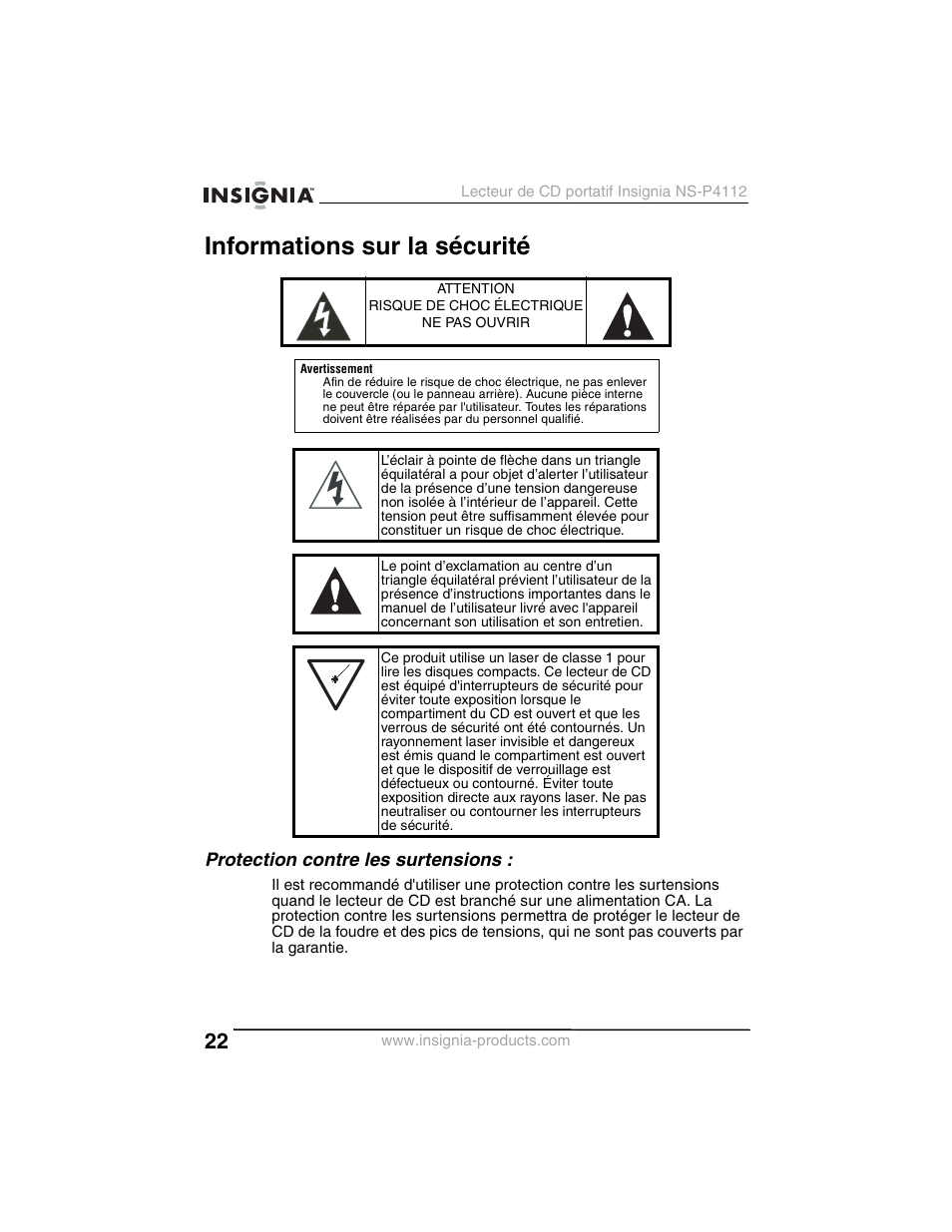 Informations sur la sécurité, Protection contre les surtensions | Insignia NS-P4112 User Manual | Page 22 / 62