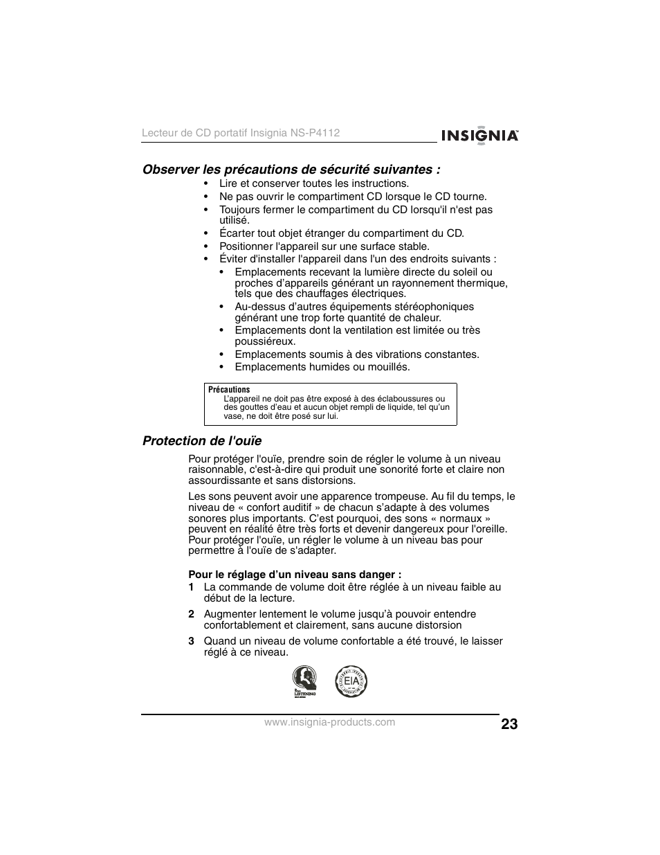 Observer les précautions de sécurité suivantes, Protection de l'ouïe | Insignia NS-P4112 User Manual | Page 23 / 62